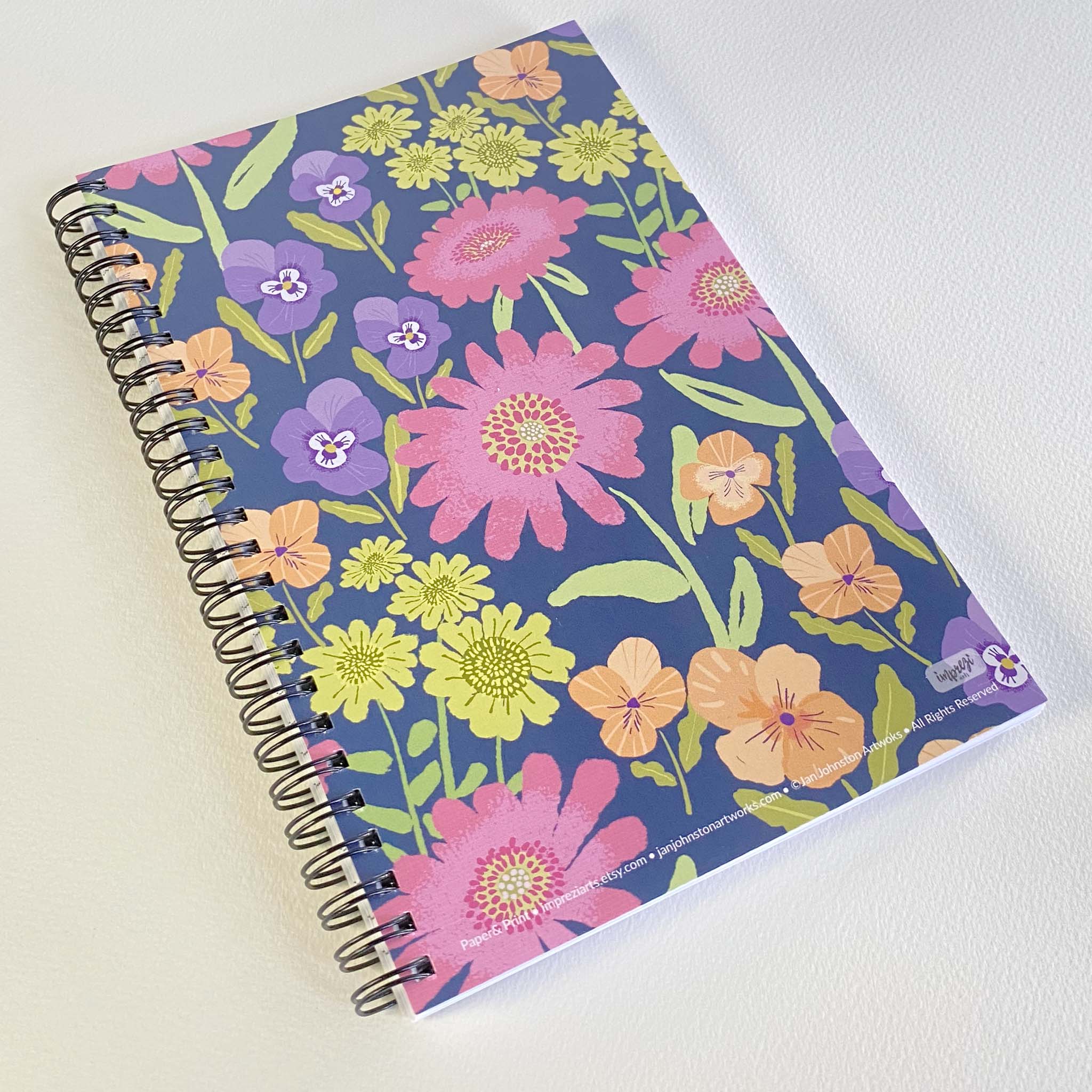 Chrysanthemum & Pansy Soft Cover Notebook is 5.5 x 8.5 inches and 80 College Ruled Pages.