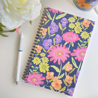 Chrysanthemum & Pansy Soft Cover Notebook is 5.5 x 8.5 inches and 80 College Ruled Pages.