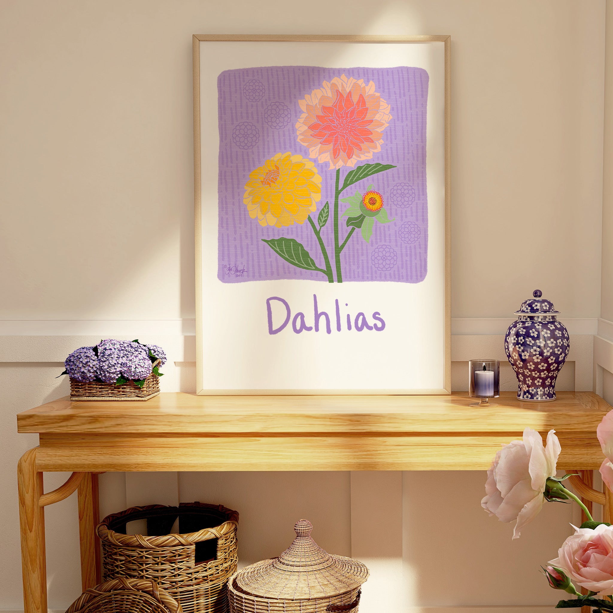 Delightful Dahlias Print Framed Example - All art is unframed