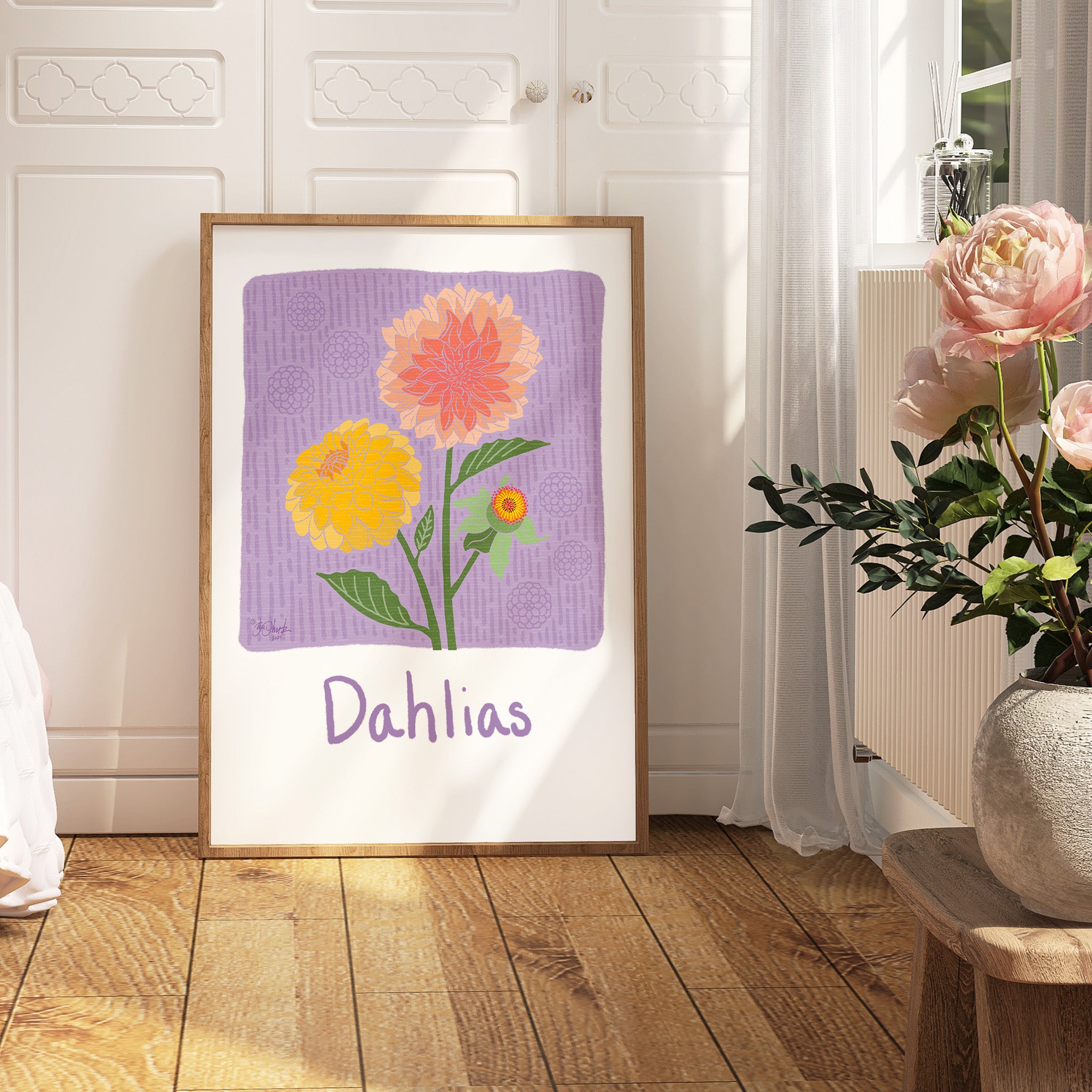 Delightful Dahlias Print Framed Example - All art is unframed