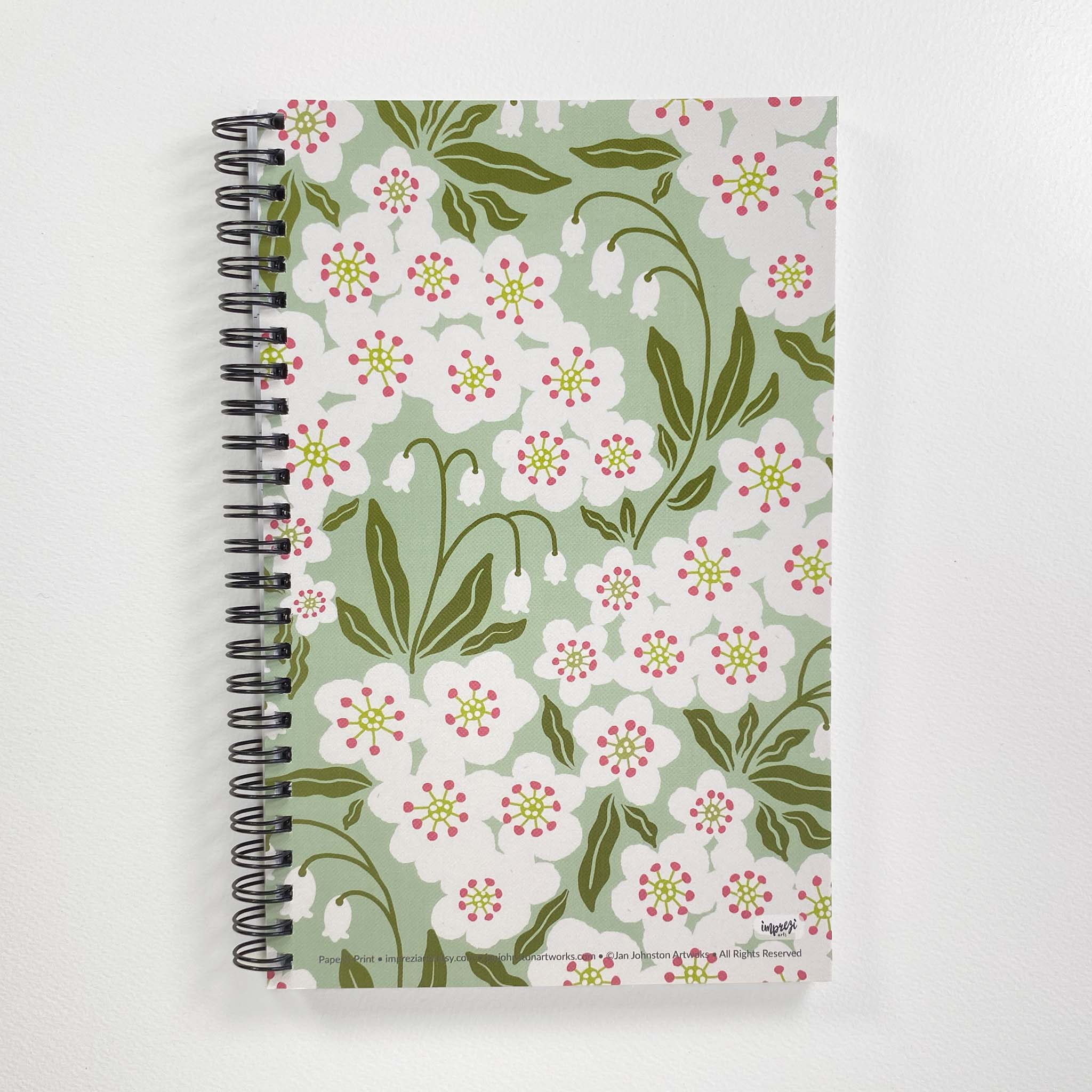 Hawthorne & Lily of the Valley Soft Cover Notebook is 5.5 x 8.5 inches and 80 College Ruled Pages