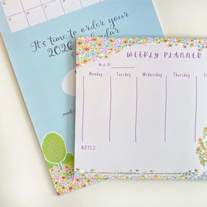 Weekly planner in our Mary's Garden Flowers Design. 11 x8.5 inches and 50 sheets of tear off pages and matching 2025 Calendar. Order today for 2025