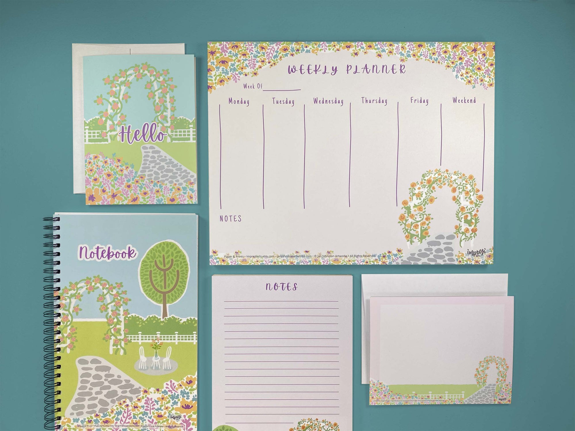 This design matches our other products: Folded and Personalized Note Cards, Notebook, and Weekly Planners.