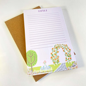 Mary’s Garden Notepads, 5.5 x 8.5 inches, 50 lined pages on easy to write paper and stiff cardboard backing.