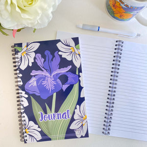 Iris & Primrose Soft Cover Notebook is 5.5 x 8.5 inches and 80 College Ruled Pages.