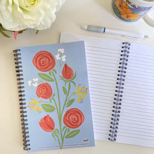 Roses & Honeysuckle Soft Cover Notebook is 5.5 x 8.5 inches and 80 College Ruled Pages.