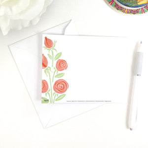 Roses Floral Note Card is 4.25 x 5.5 inches and comes 10 to a pack with envelopes.