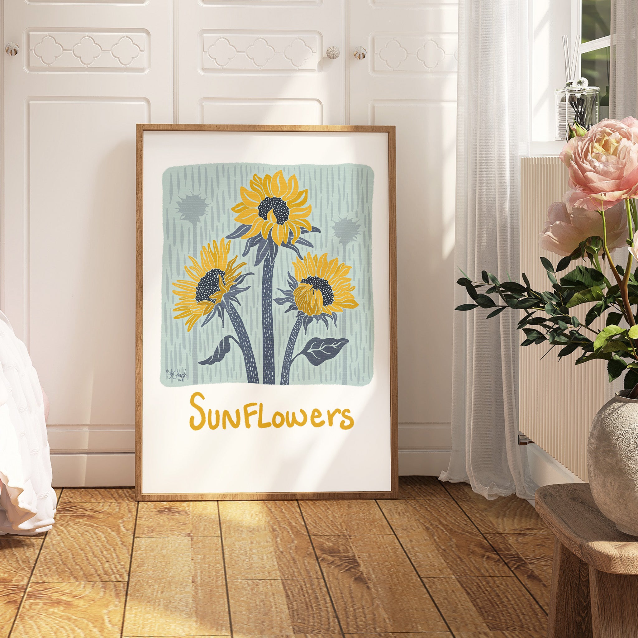 Sunny Sunflowers Print Framed Example - All art is unframed