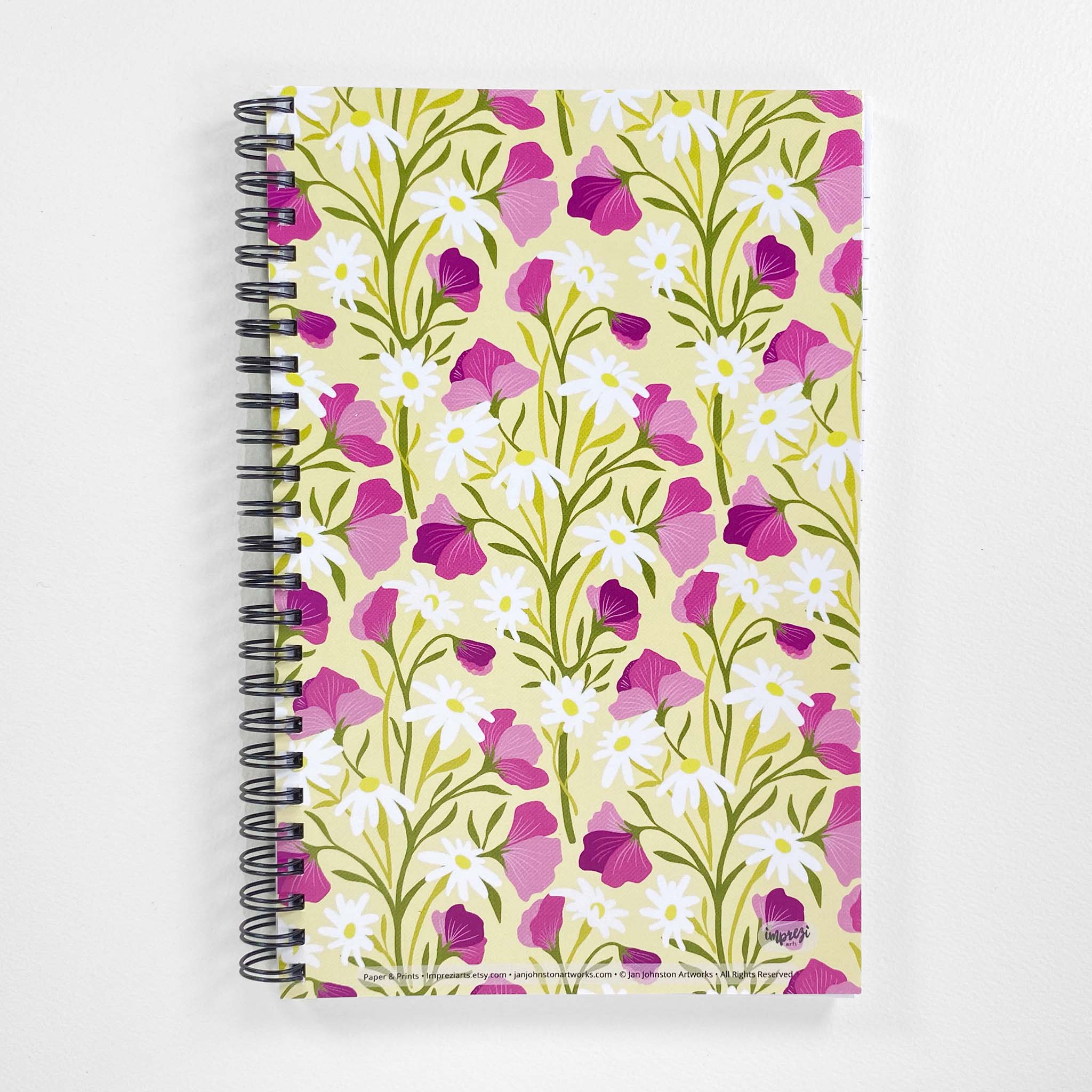 Sweet Pea & Daisy Flowers Soft Cover Notebook is 5.5 x 8.5 inches and 80 College Ruled Pages.