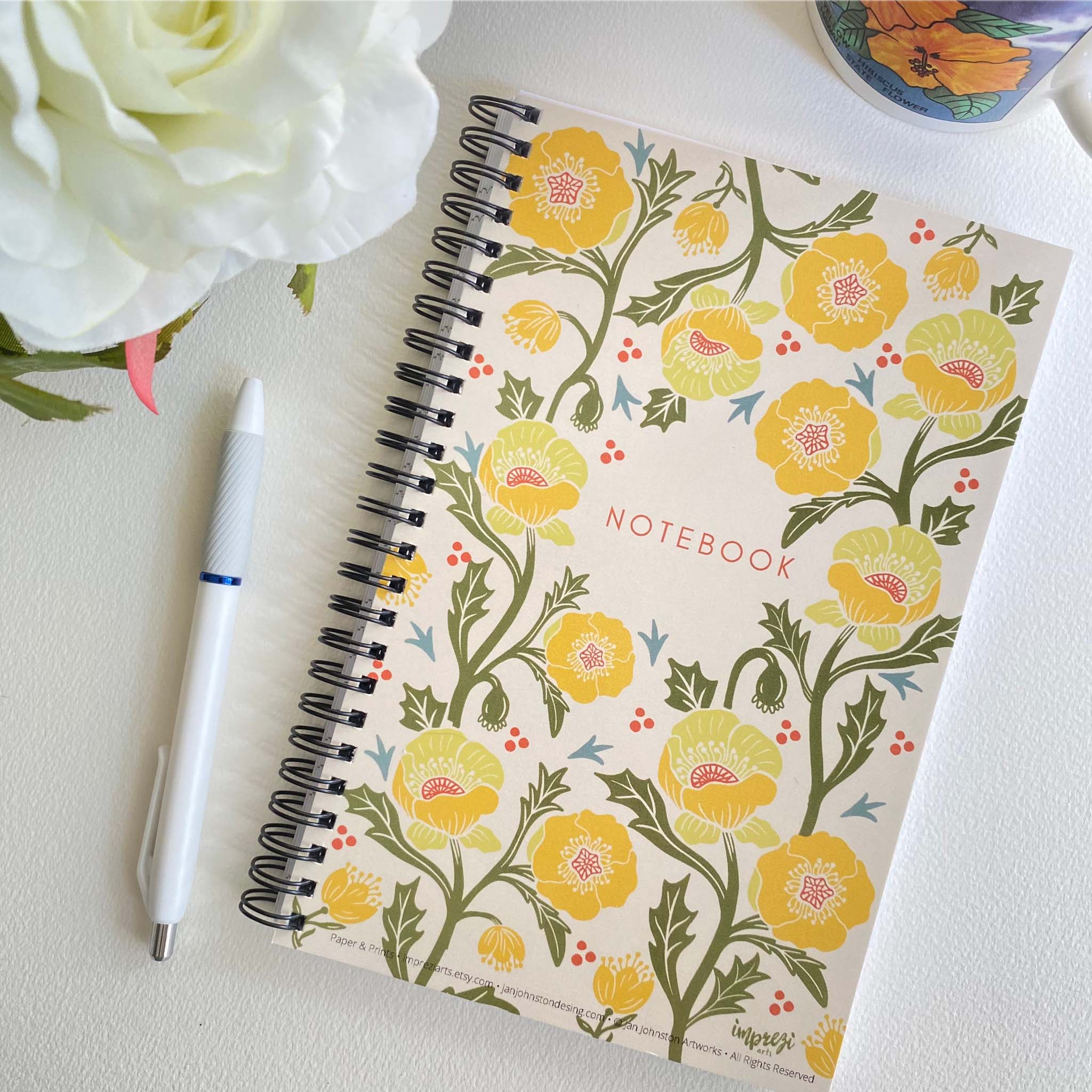 Yellow Poppies Soft Cover Notebook is 5.5 x 8.5 inches and 80 College Ruled Pages.