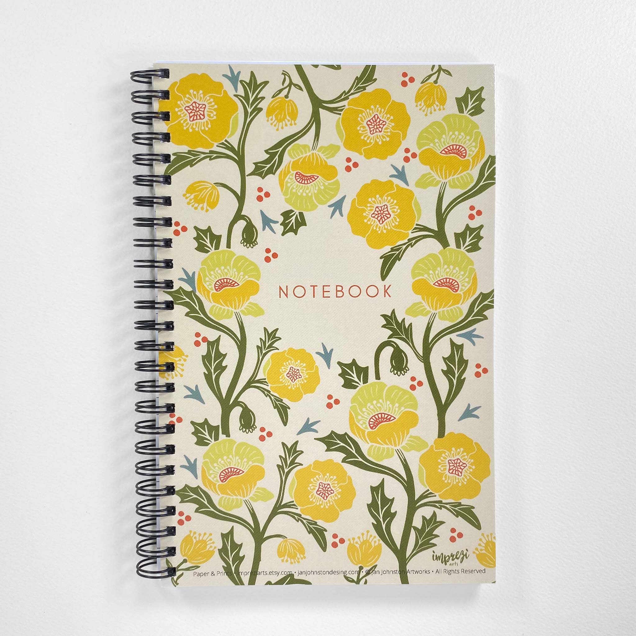 Yellow Poppies Soft Cover Notebook is 5.5 x 8.5 inches and 80 College Ruled Pages.