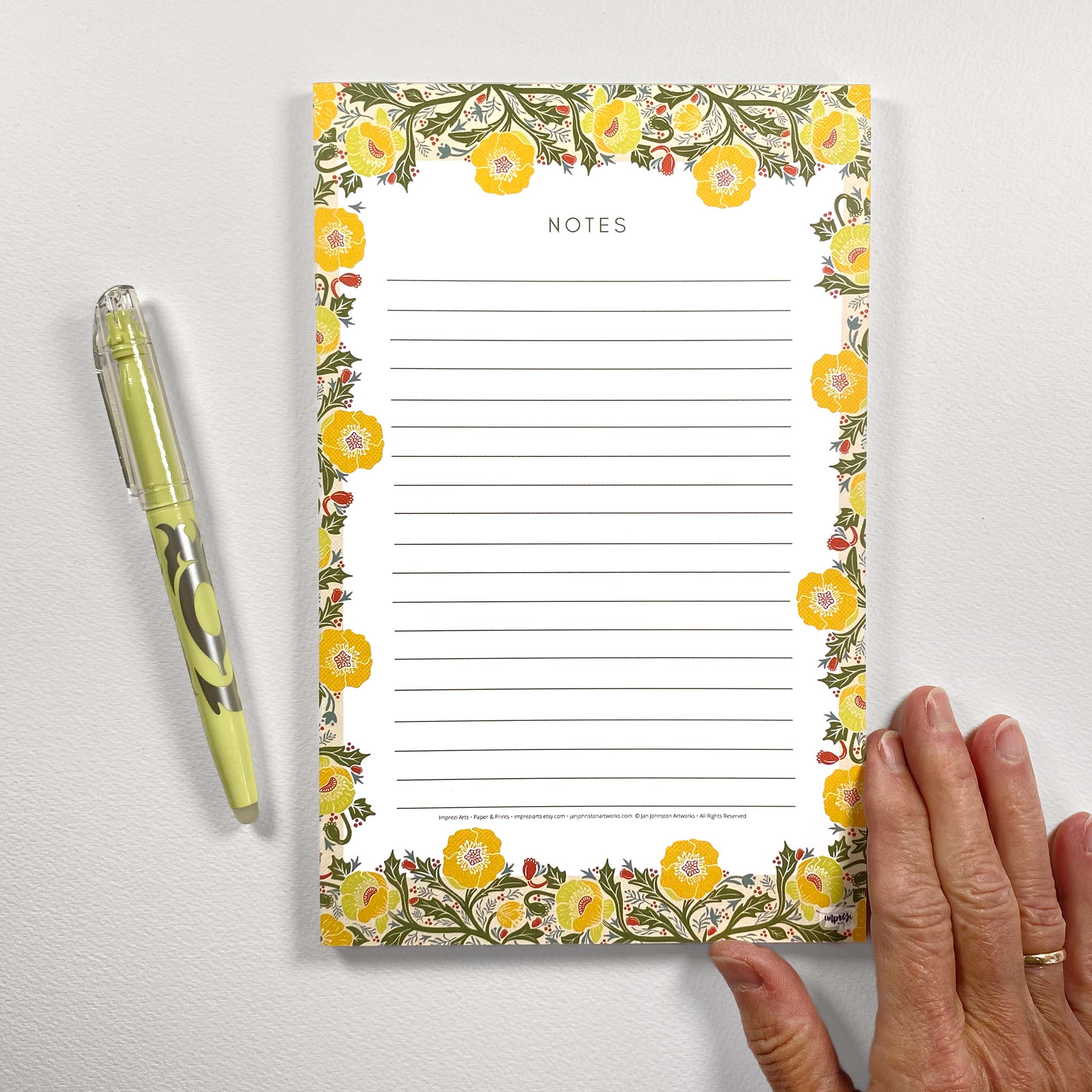 Yellow Poppy Flower Notepads, 5.5 x 8.5 inches, 50 lined pages on easy to write paper.